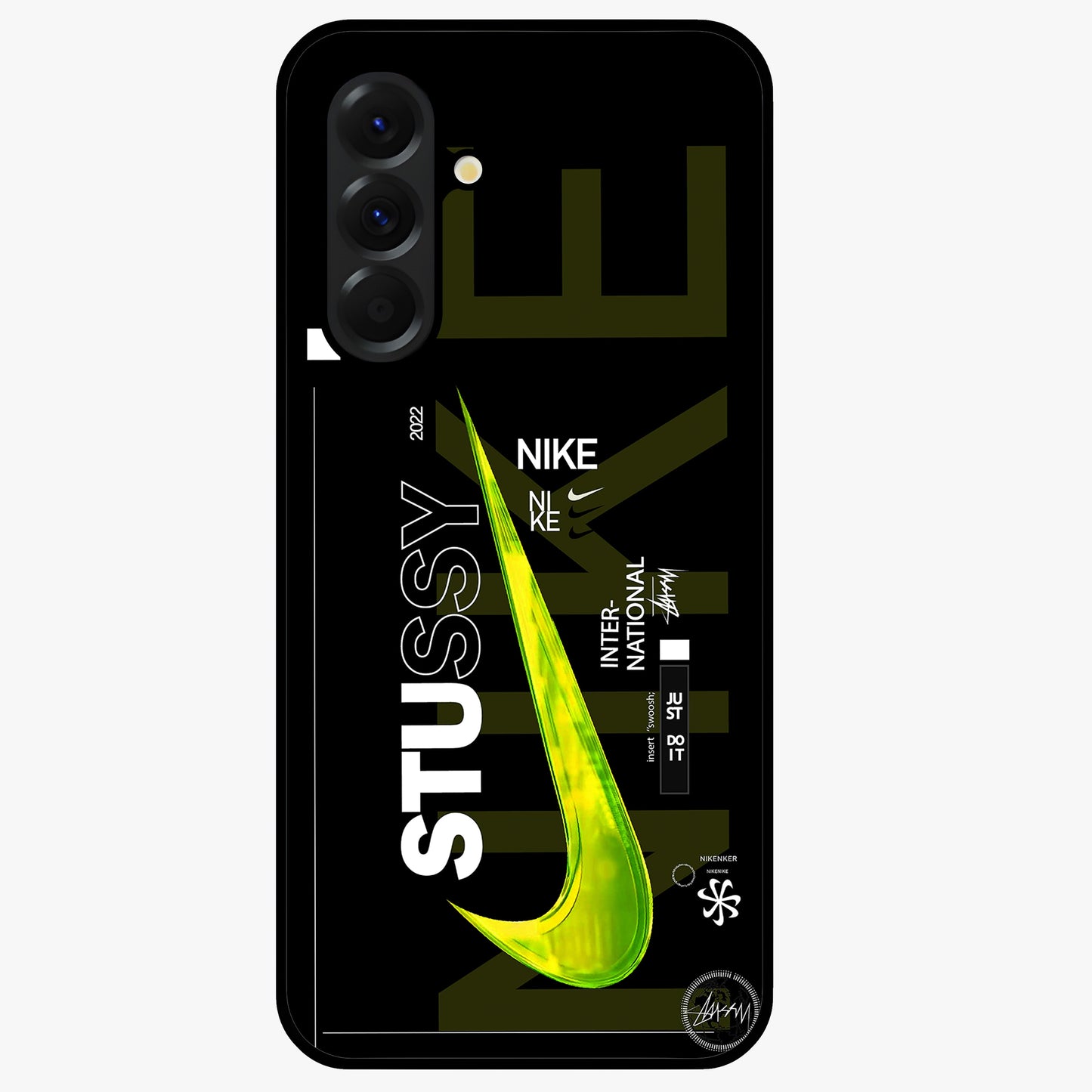 Neon Street Edition Glass Case showing flat back view with neon street style artwork and glossy glass finish.