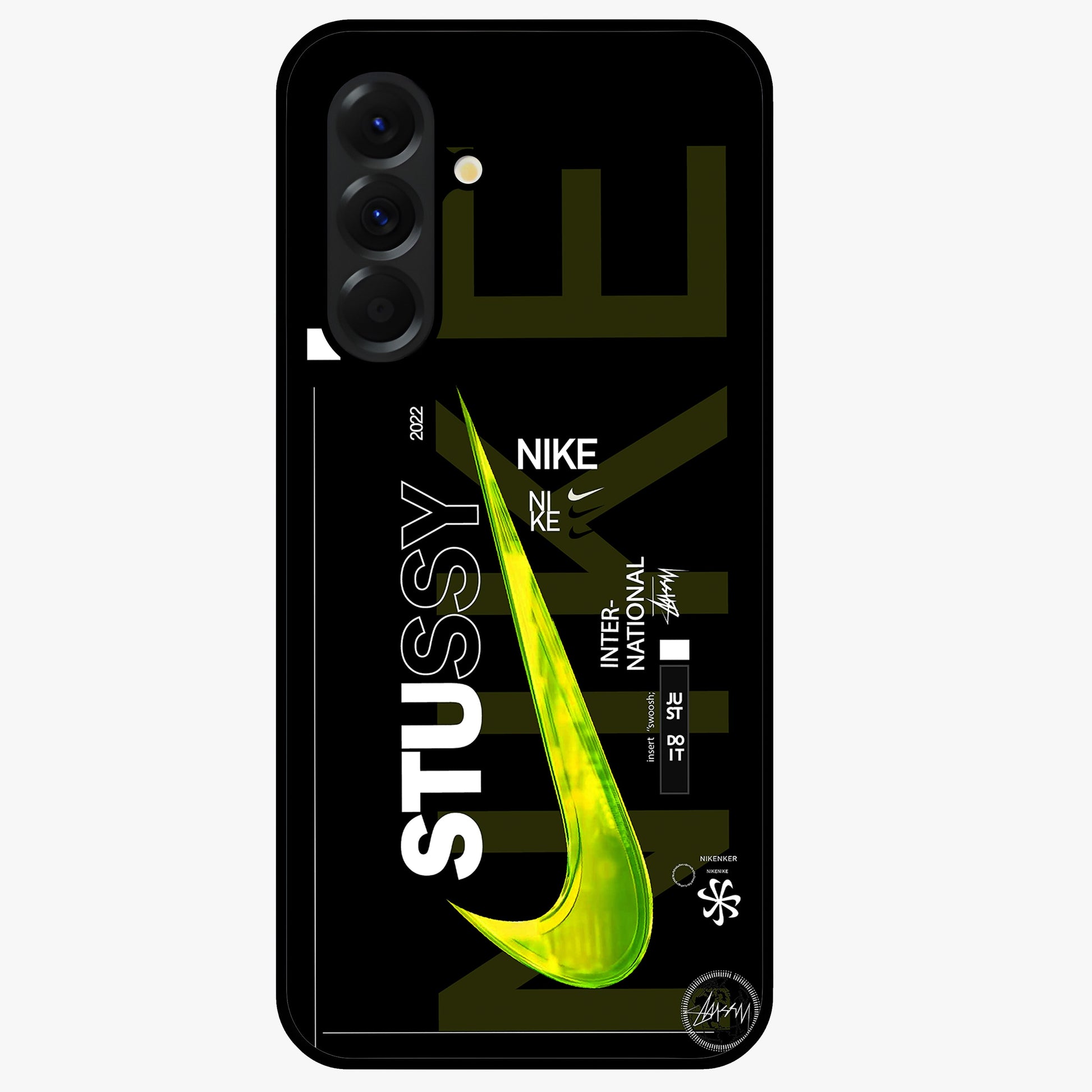 Neon Street Edition Glass Case showing flat back view with neon street style artwork and glossy glass finish.