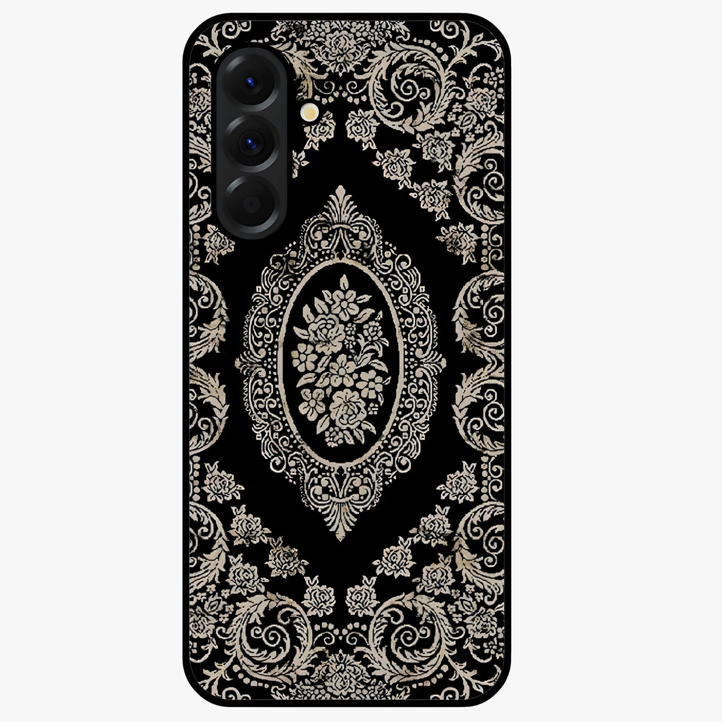 Noir Bloom Elegance Glass Case showing flat back view with elegant dark floral artwork and glossy glass finish.