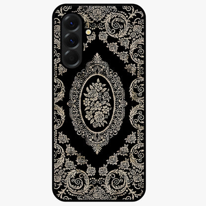 Noir Bloom Elegance Glass Case showing flat back view with elegant dark floral artwork and glossy glass finish.
