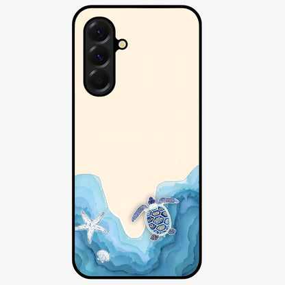 Ocean Drift Turtle Glass Case showing flat back view with sea turtle artwork and glossy glass finish.