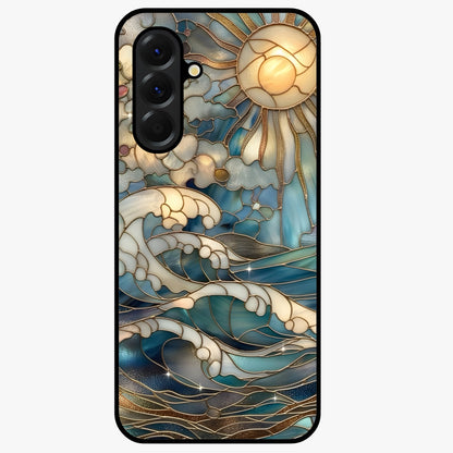 Oceanic Stained Printed Glass Case showing flat back view with ocean inspired stained pattern artwork and glossy glass finish.