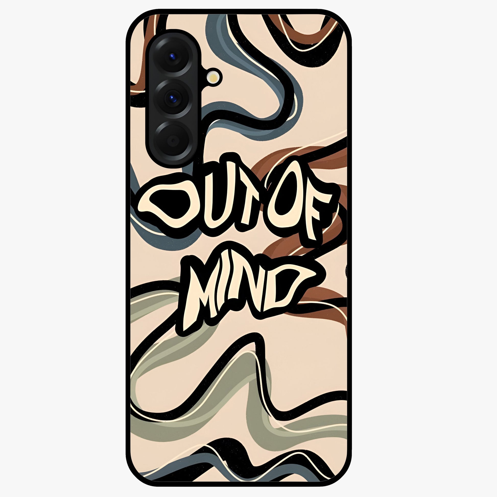 Out Of Mind Glass Case showing flat back view with expressive typography artwork and glossy glass finish.