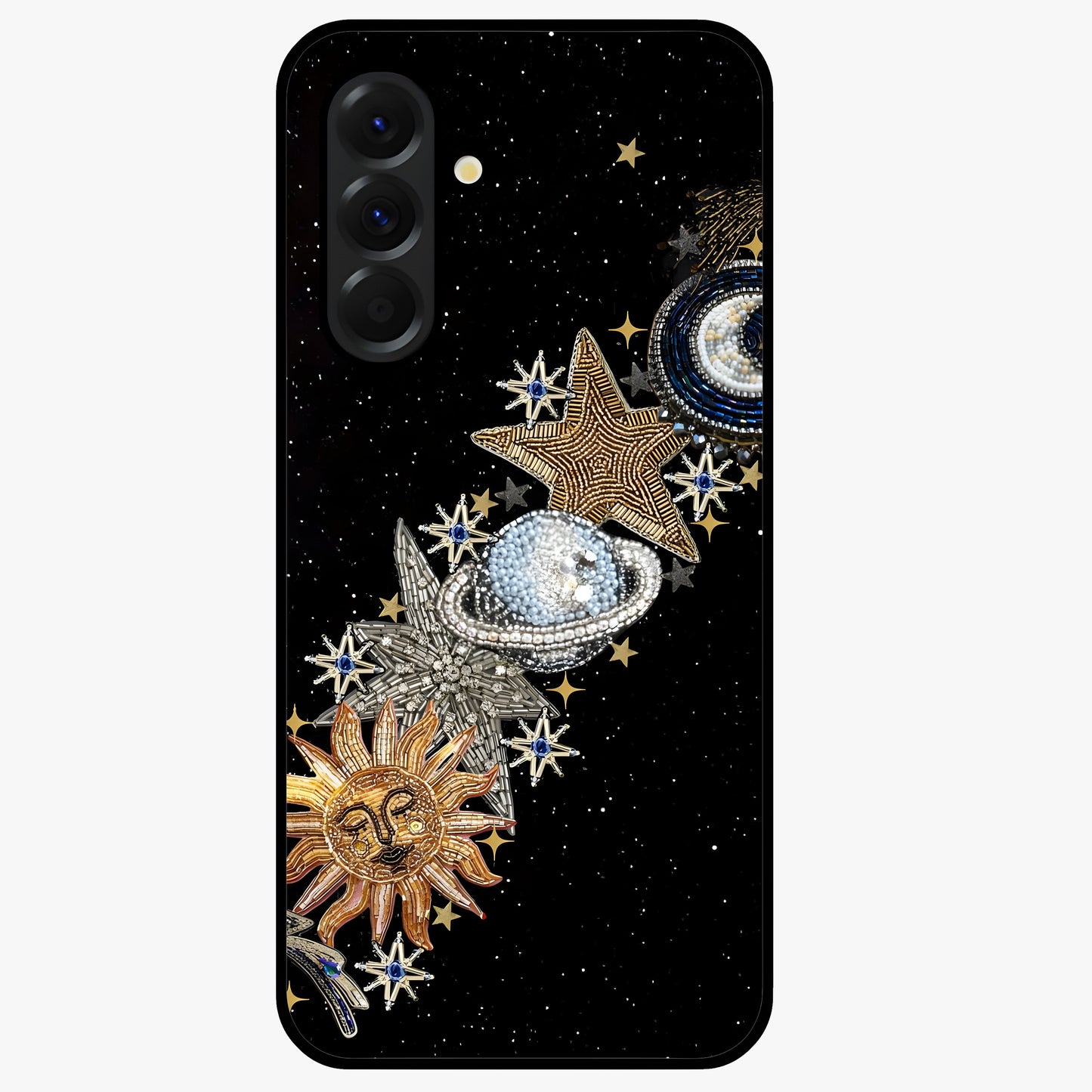 Pearls Universe Object Glass Case showing flat back view with pearl inspired cosmic artwork and glossy glass finish.