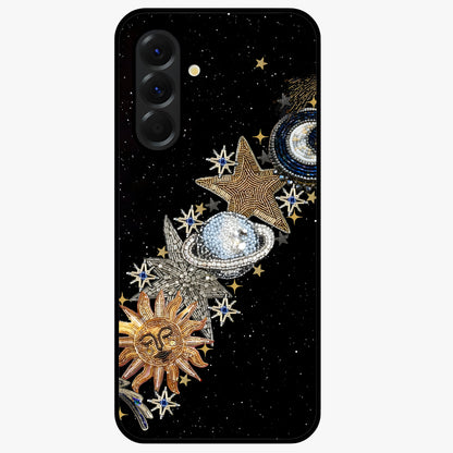 Pearls Universe Object Glass Case showing flat back view with pearl inspired cosmic artwork and glossy glass finish.