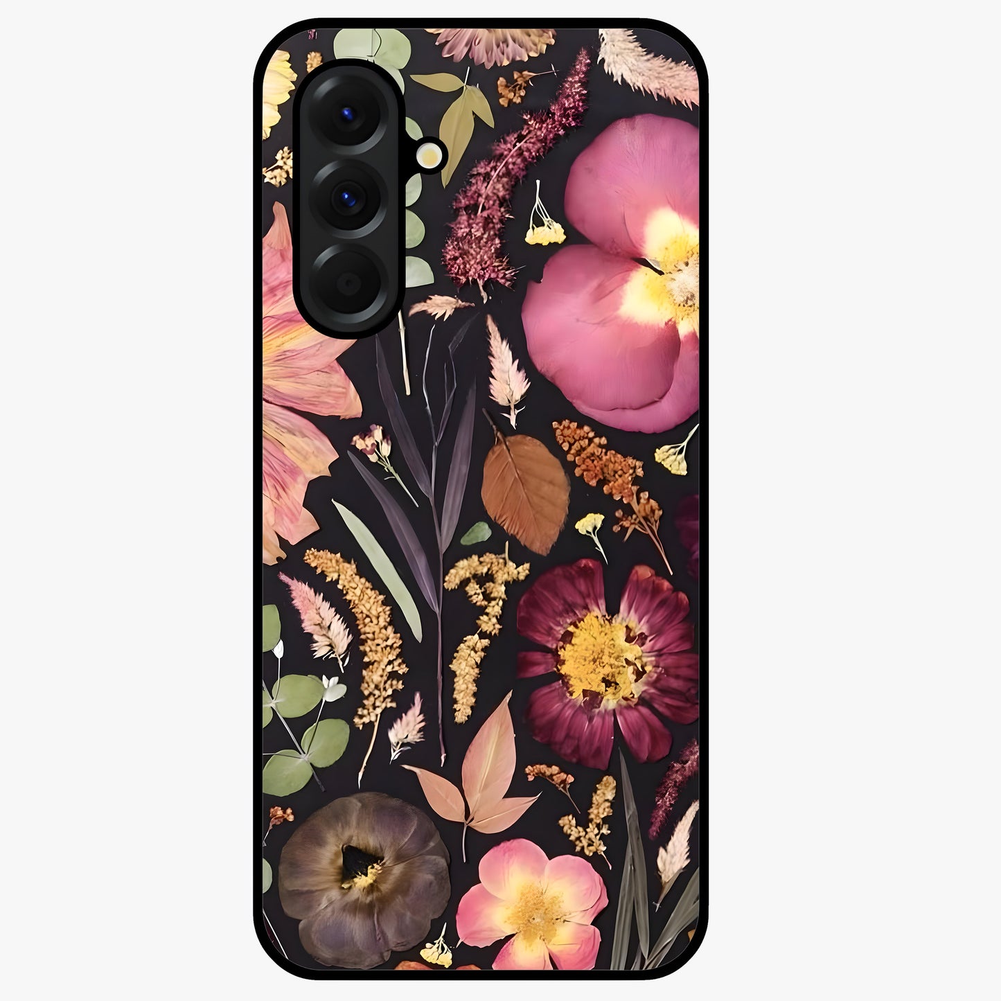 Petal Dream Tapestry Glass Case showing flat back view with intricate floral tapestry artwork and glossy glass finish.