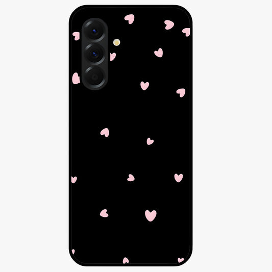 Pink Love Drops Glass Case showing flat back view with playful pink heart drops artwork and glossy glass finish.