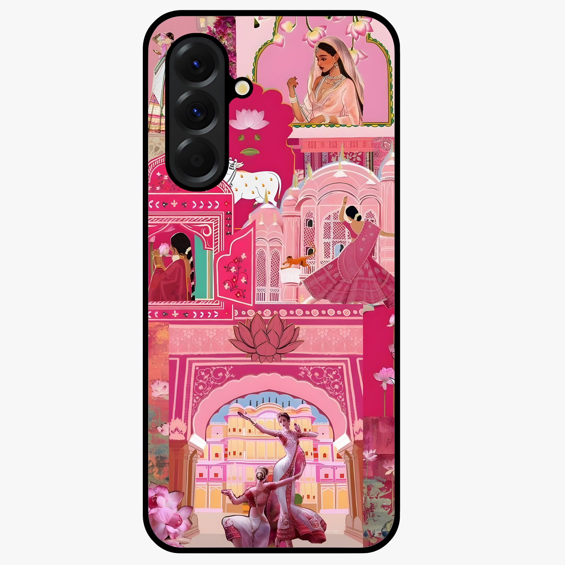 Pink Palace Muse Glass Case showing flat back view with elegant palace inspired artwork and glossy glass finish.