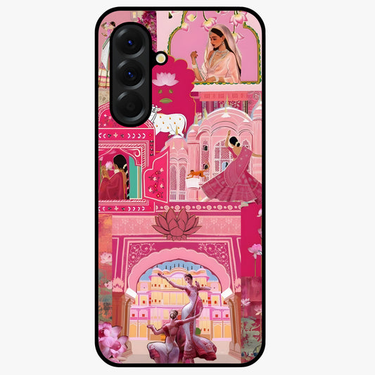 Pink Palace Muse Glass Case showing flat back view with elegant palace inspired artwork and glossy glass finish.