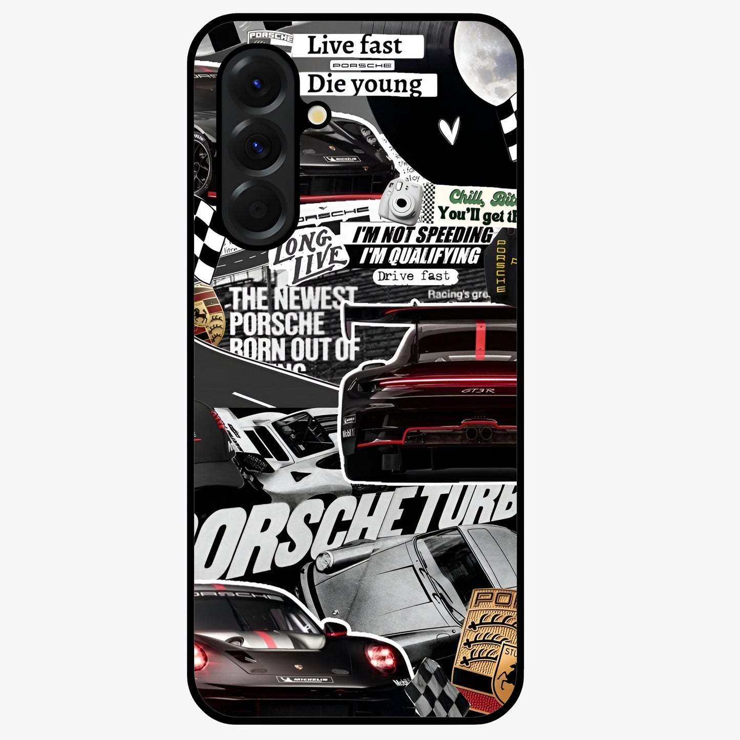 Porsche Racing Collage Glass Case showing flat back view with sports car racing collage artwork and glossy glass finish.