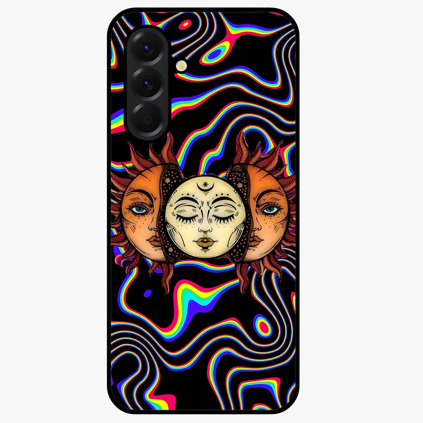Psychedelic Sun Glass Case showing flat back view with colorful psychedelic sun artwork and glossy glass finish.