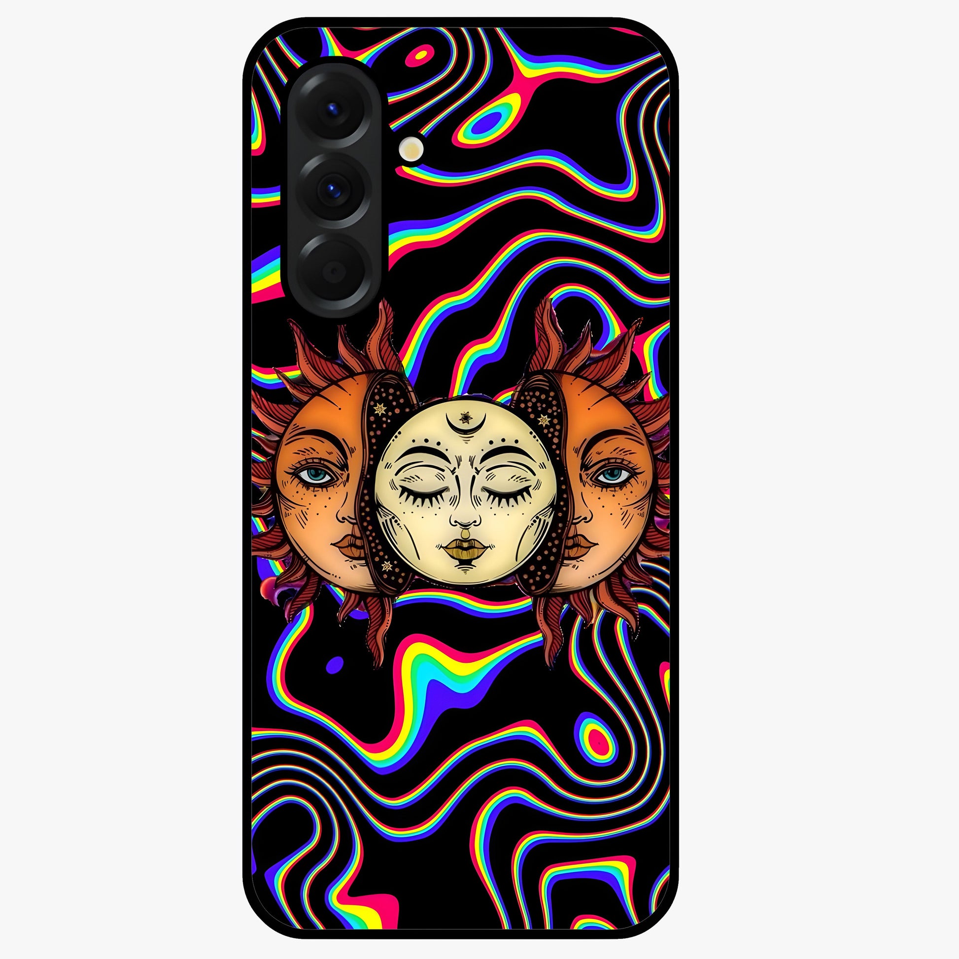 Psychedelic Sun Glass Case showing flat back view with colorful psychedelic sun artwork and glossy glass finish.