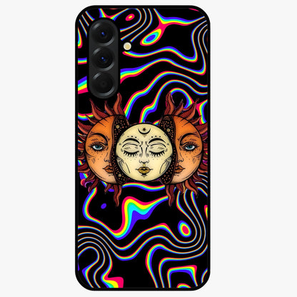 Psychedelic Sun Glass Case showing flat back view with colorful psychedelic sun artwork and glossy glass finish.