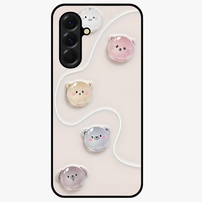 Puffy Face Parade Glass Case showing flat back view with cute puffy character faces artwork and glossy glass finish.