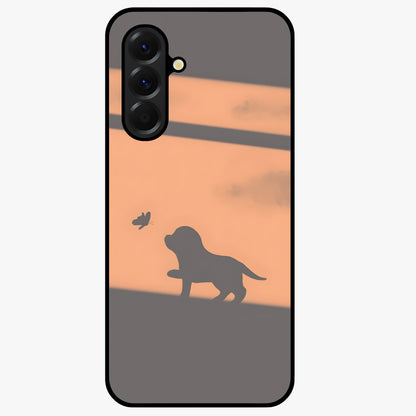 Puppy Shadow Art Glass Case showing flat back view with cute puppy shadow style artwork and glossy glass finish.