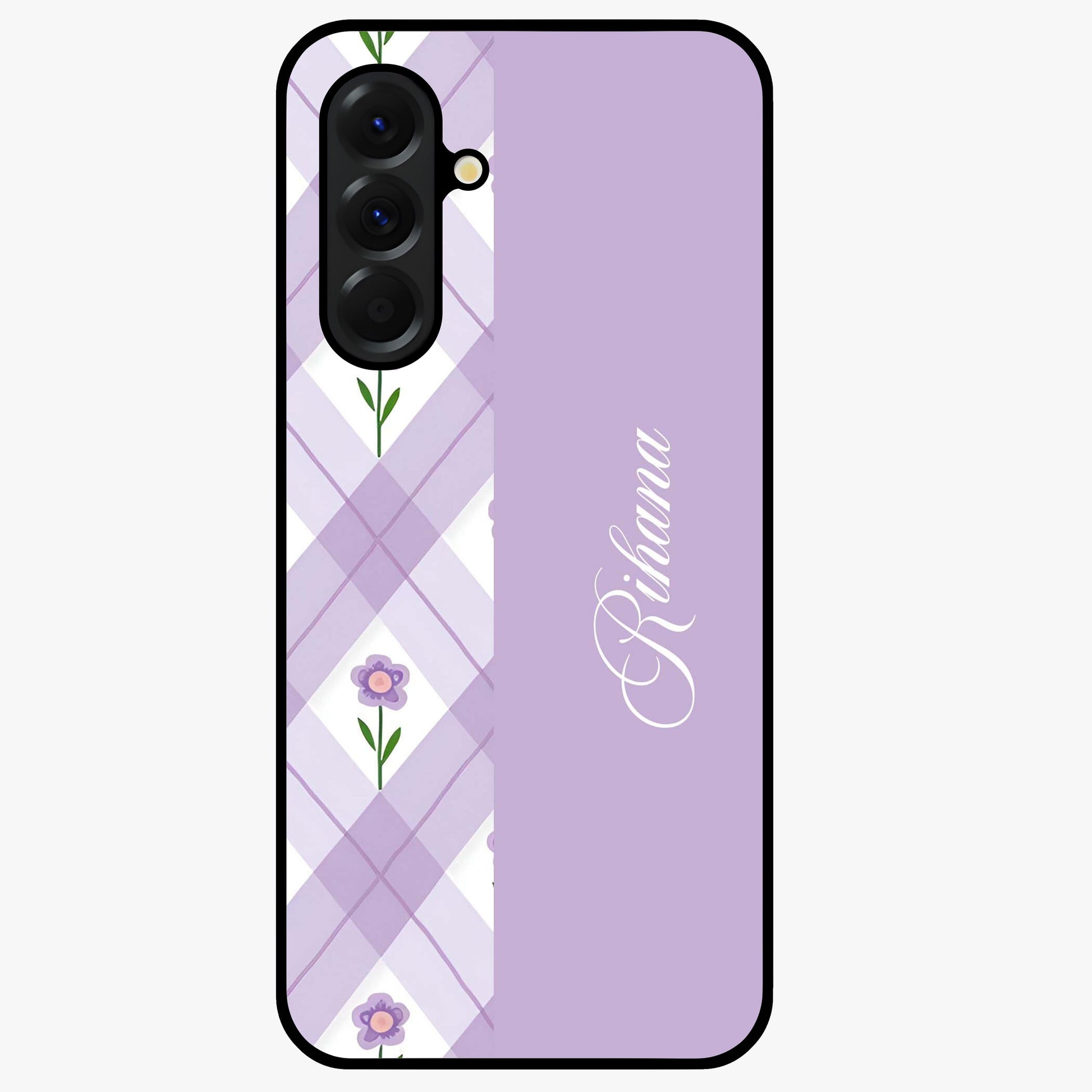 Purple Diamond Floral Glass Case showing flat back view with diamond shaped floral artwork and glossy glass finish.