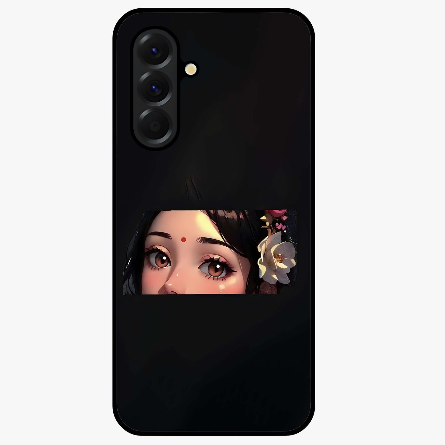 Radha Divine Embrace Glass Case showing flat back view with devotional Radha artwork and glossy glass finish.