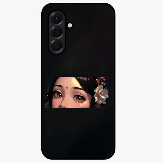 Radha Divine Embrace Glass Case showing flat back view with devotional Radha artwork and glossy glass finish.
