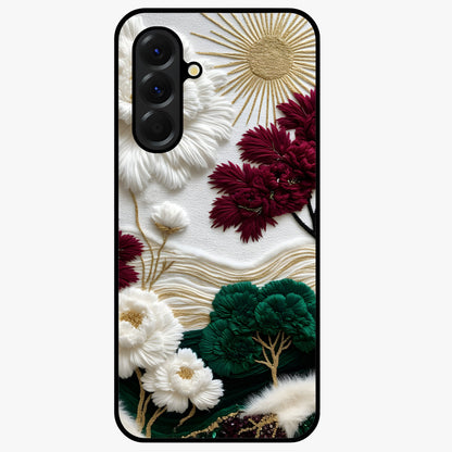 Radiant Bloom Elegance Glass Case showing flat back view with elegant blooming flower artwork and glossy glass finish.