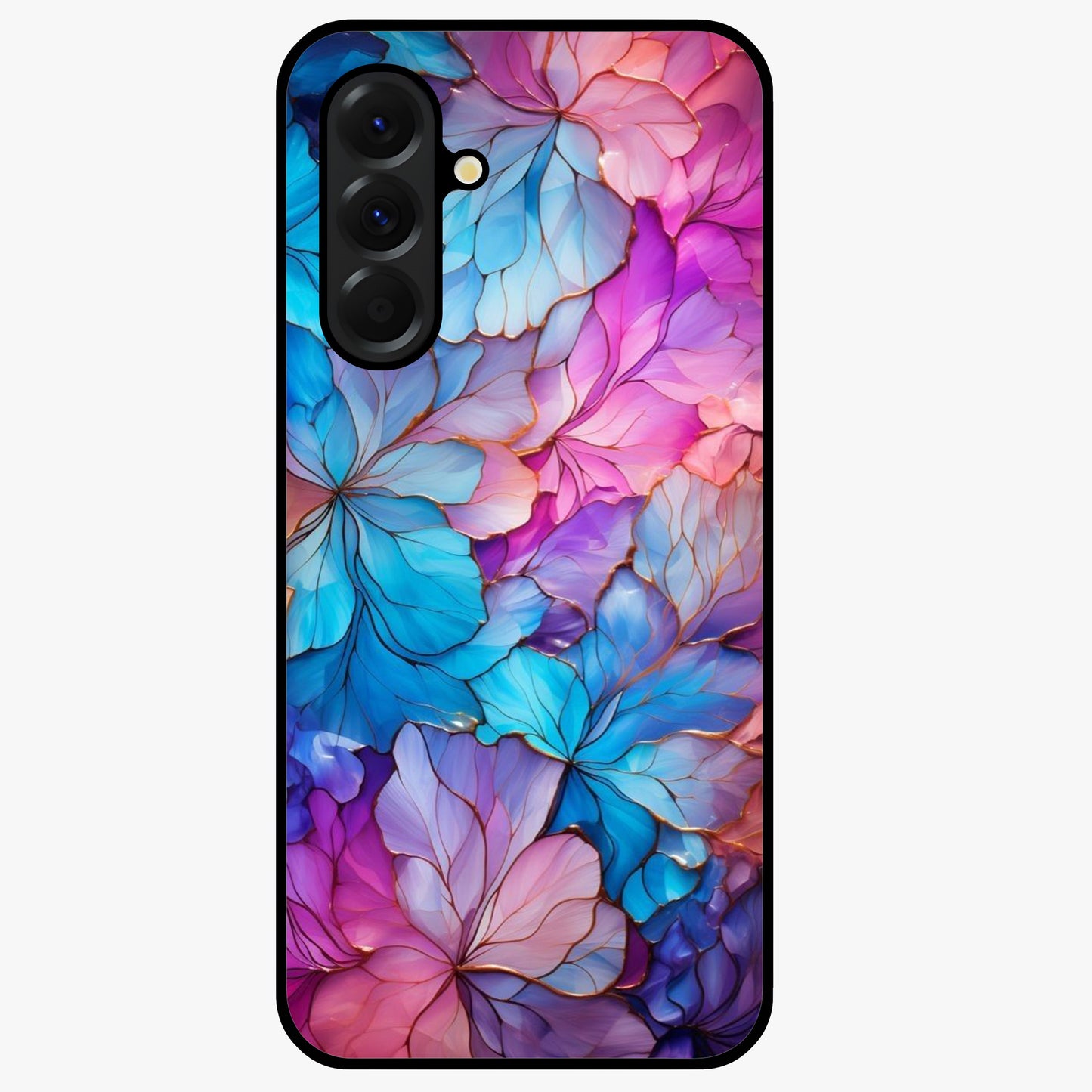 Radiant Floral Whirl Glass Case showing flat back view with swirling floral artwork and glossy glass finish.