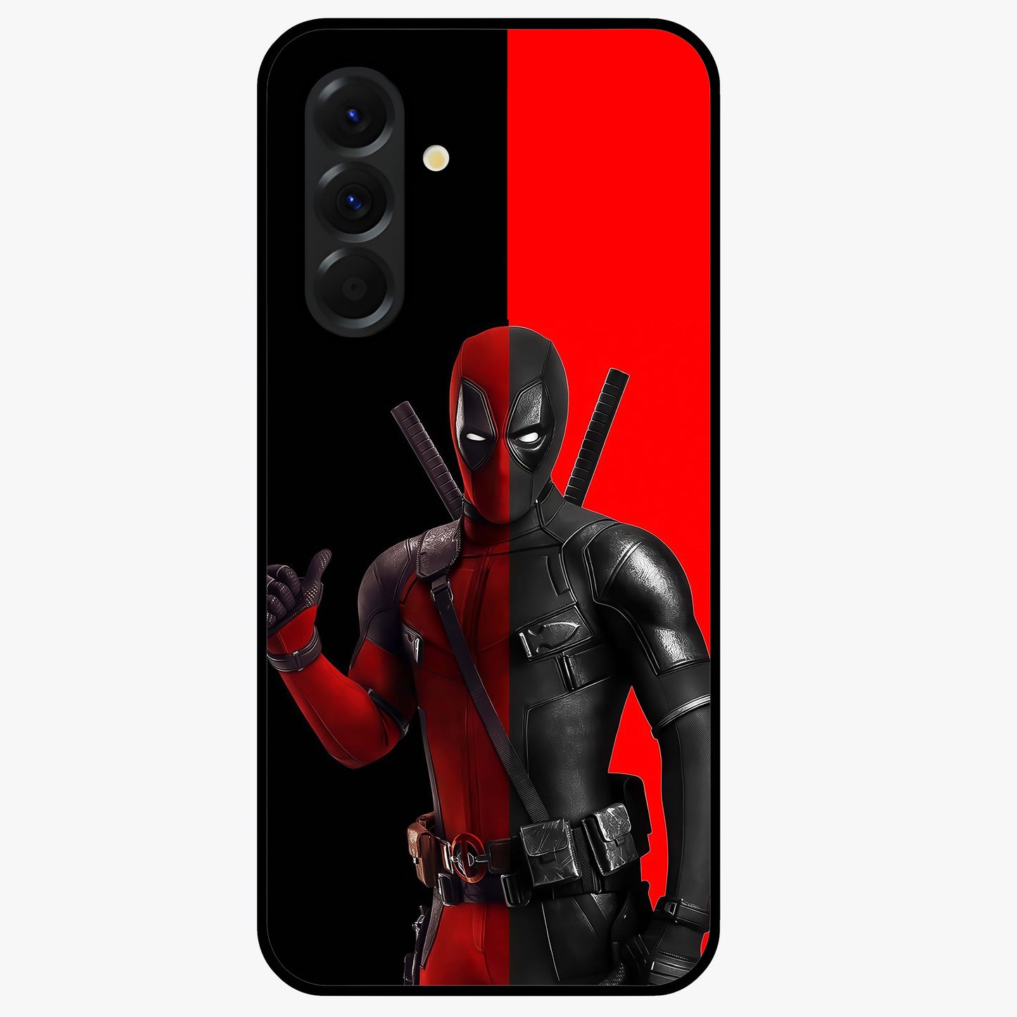 Red & Black Deadpool Theme Glass Case showing flat back view with bold comic inspired artwork and glossy glass finish.