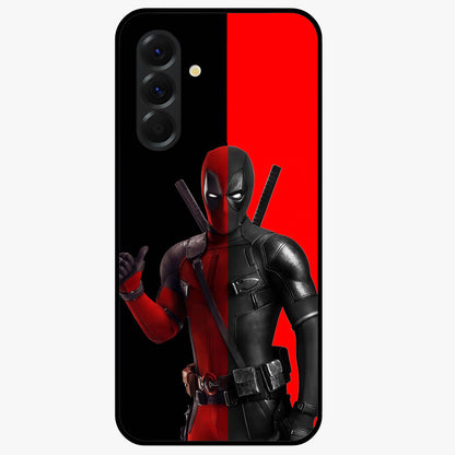 Red & Black Deadpool Theme Glass Case showing flat back view with bold comic inspired artwork and glossy glass finish.