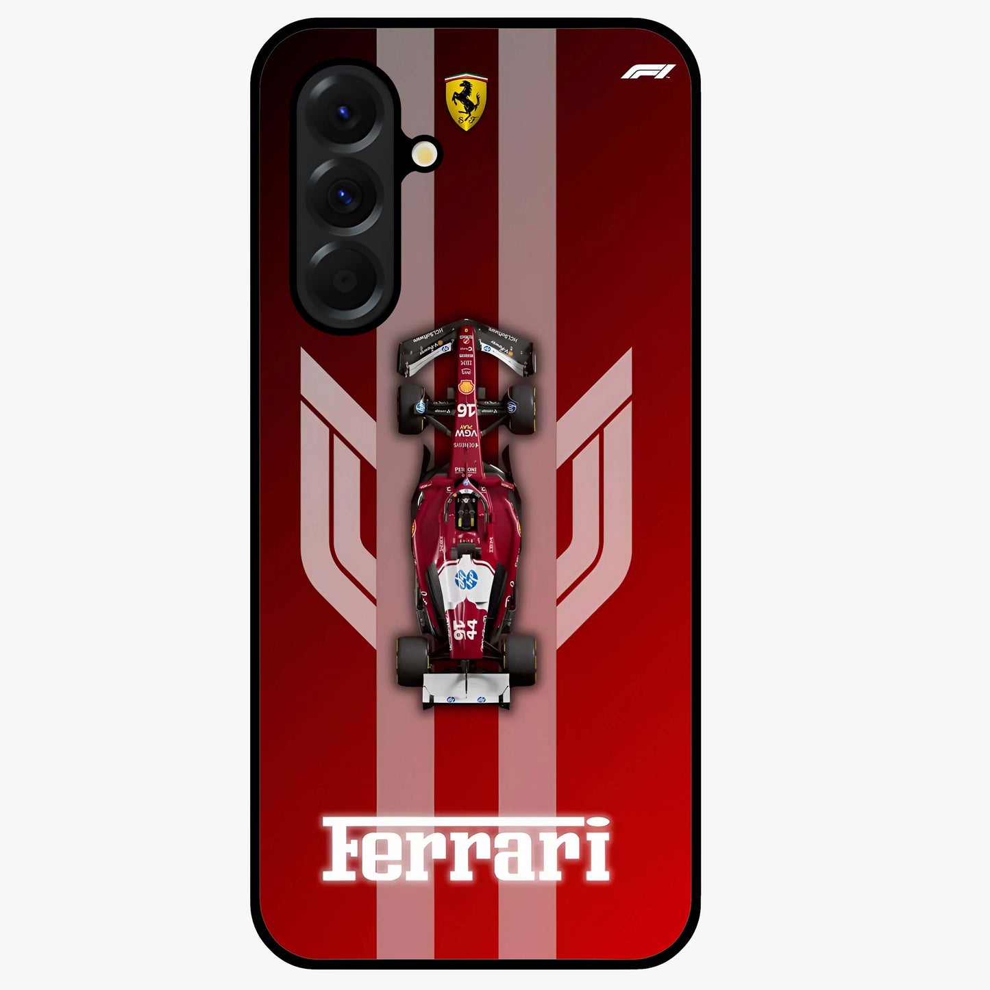 Red Ferrari F1 Vertical Glass Case showing flat back view with sleek Formula racing car artwork and glossy glass finish.
