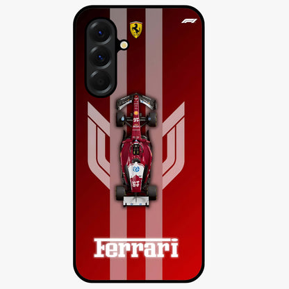 Red Ferrari F1 Vertical Glass Case showing flat back view with sleek Formula racing car artwork and glossy glass finish.