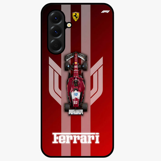 Red Ferrari F1 Vertical Glass Case showing flat back view with sleek Formula racing car artwork and glossy glass finish.