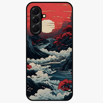 Red Sunset Scenery Glass Case showing flat back view with vibrant sunset landscape artwork and glossy glass finish.