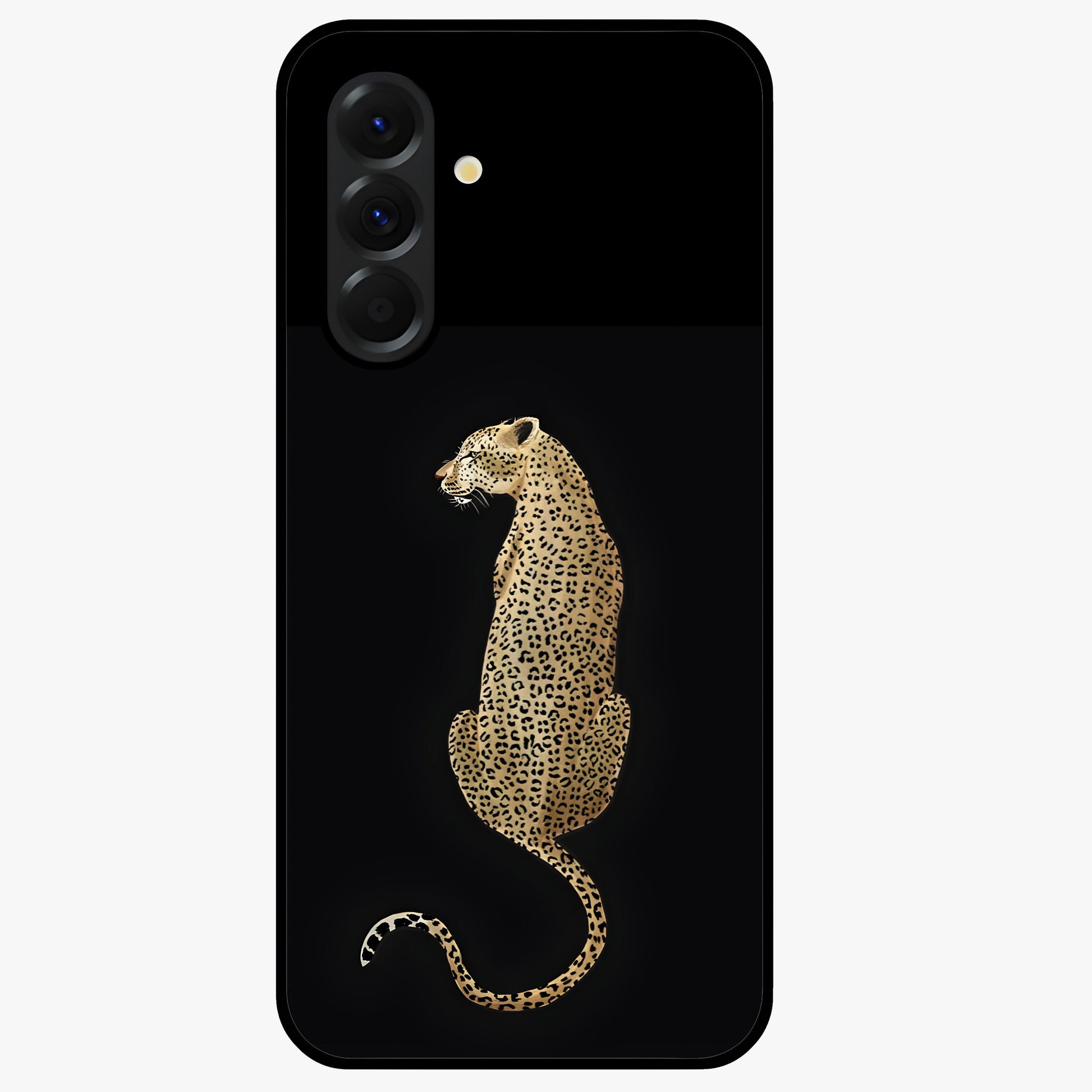 Regal Leopard Glass Case showing flat back view with bold leopard artwork and glossy glass finish.