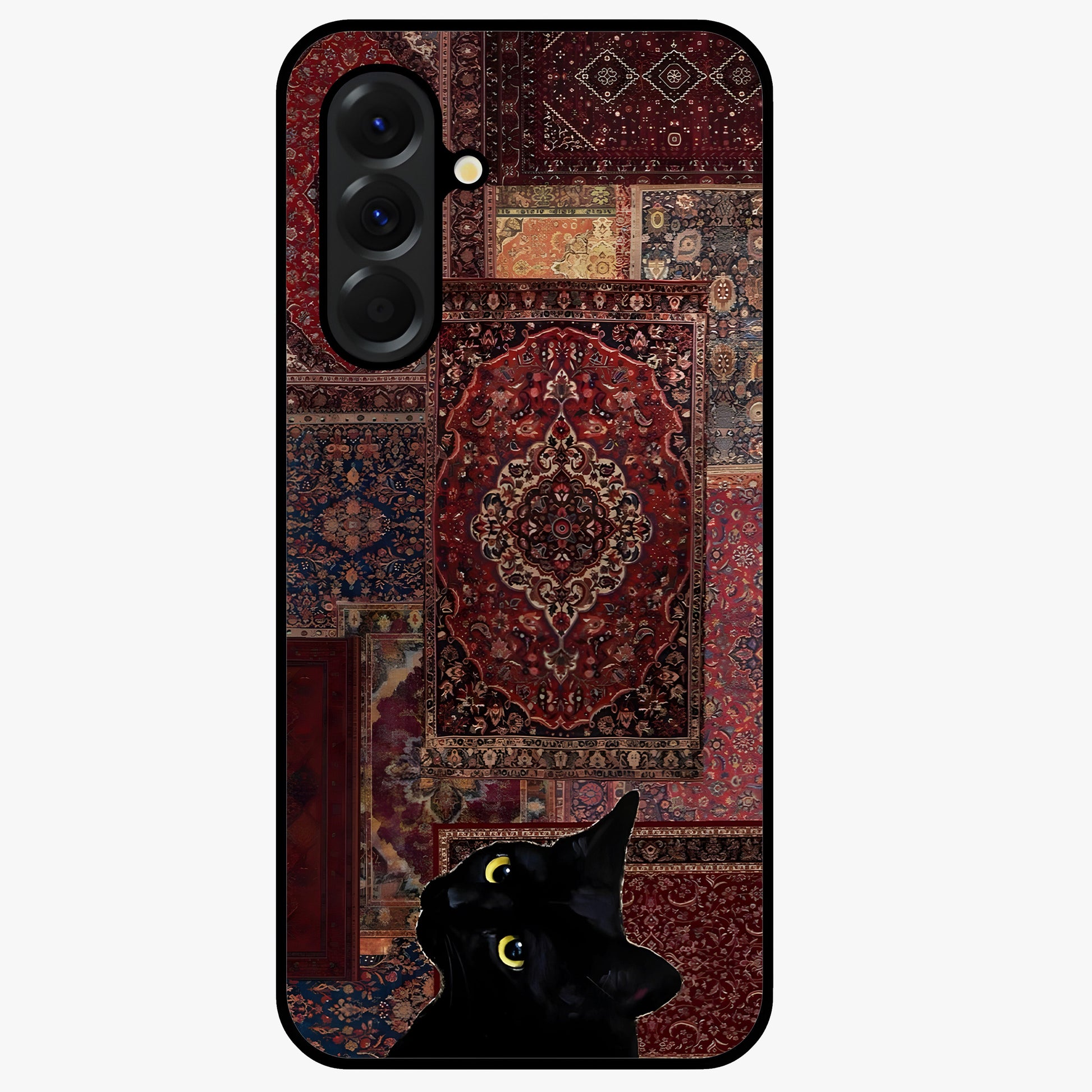 Regal Magic Cat Apple Glass Case showing flat back view with magical cat artwork holding apple and glossy glass finish.