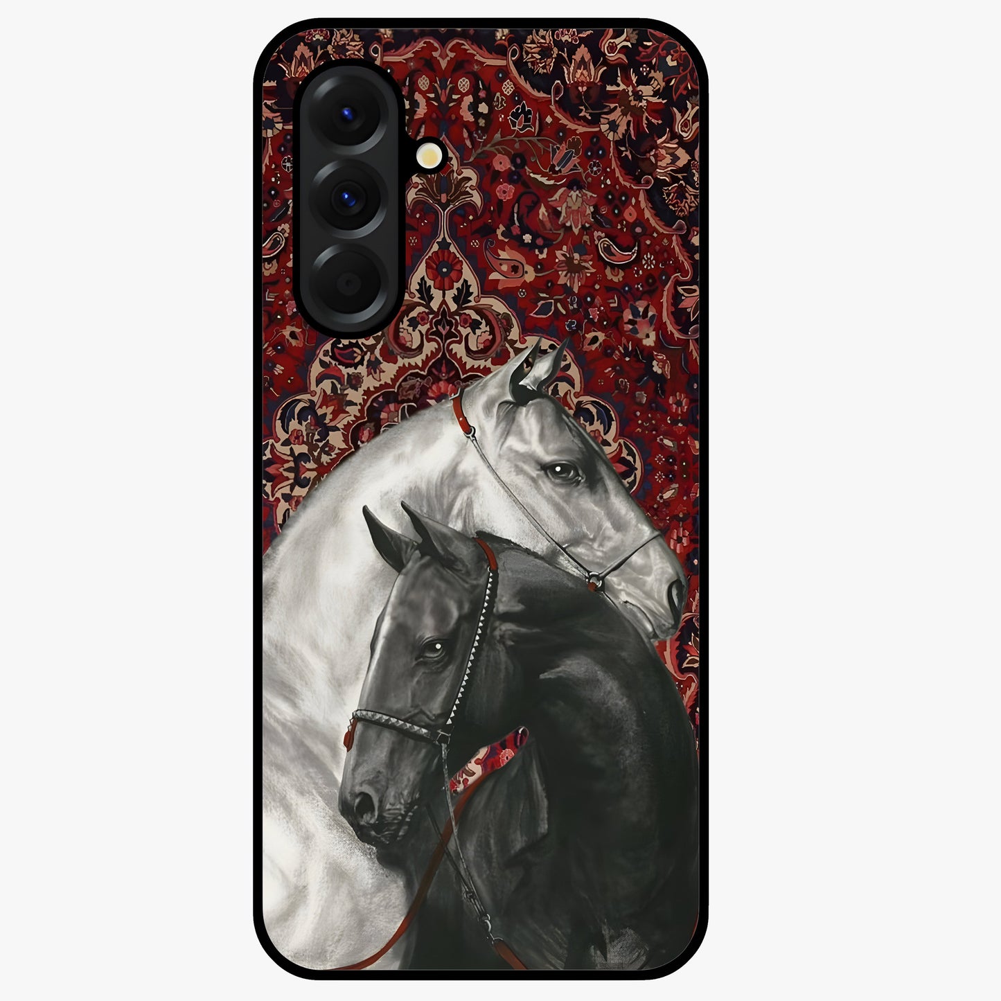 Regal Stallion Tapestry Glass Case showing flat back view with majestic horse tapestry artwork and glossy glass finish.