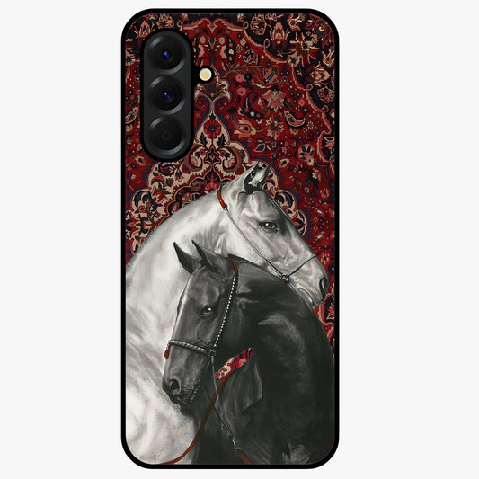 Regal Stallion Tapestry Glass Case showing flat back view with majestic horse tapestry artwork and glossy glass finish.
