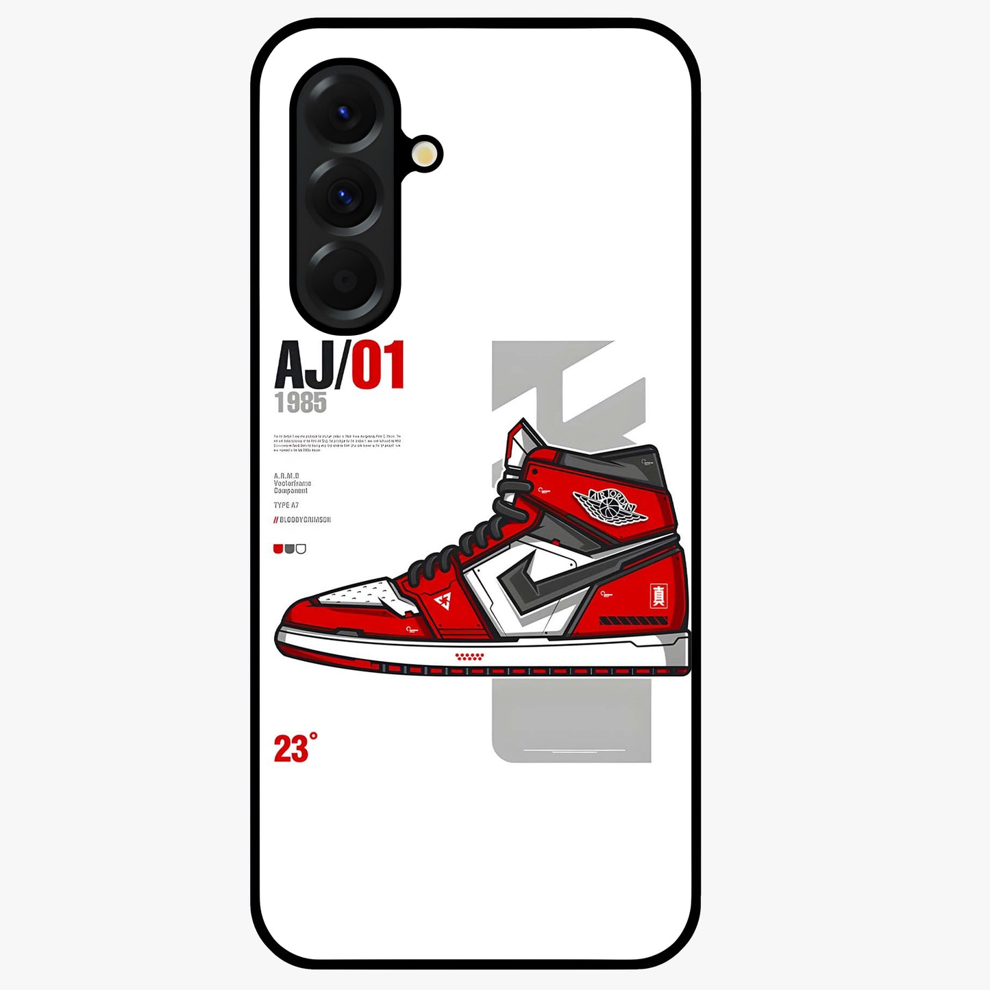 Retro Sneaker Blueprint Glass Case showing flat back view with sneaker blueprint style artwork and glossy glass finish.