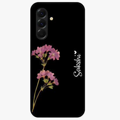 Riching Lavender Flower Custom Name Glass Case showing flat back view with lavender floral artwork and personalized name design.