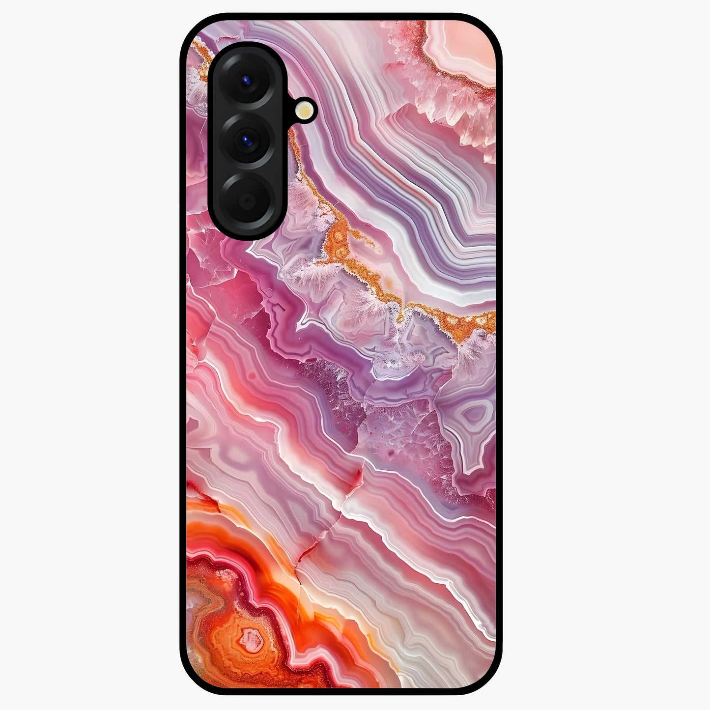Rose Quartz Marble Glass Case showing flat back view with pink marble quartz texture artwork and glossy glass finish.