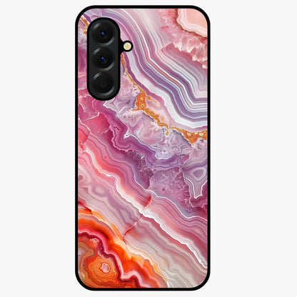 Rose Quartz Marble Glass Case showing flat back view with pink marble quartz texture artwork and glossy glass finish.