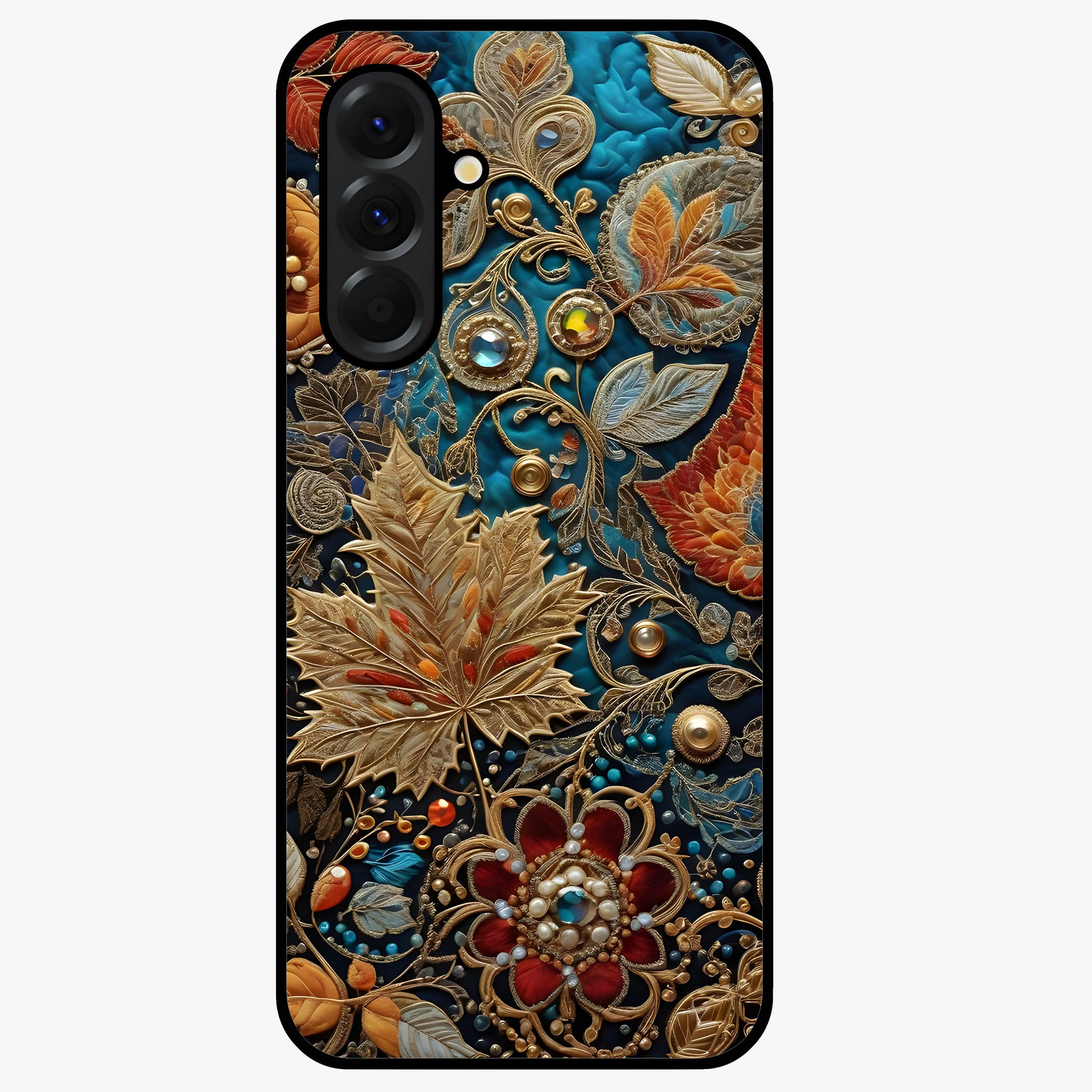Royal Jewel Garden Glass Case showing flat back view with decorative floral garden artwork and glossy glass finish.