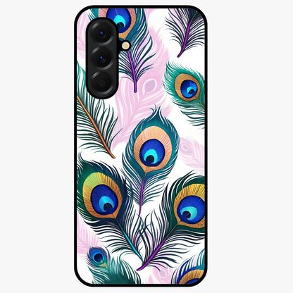 Royal Peacock Feathers Glass Case showing flat back view with colorful peacock feather artwork and glossy glass finish.