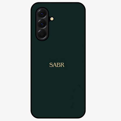 Sabr Minimal Patience Glass Case showing flat back view with minimalist typography artwork and glossy glass finish.