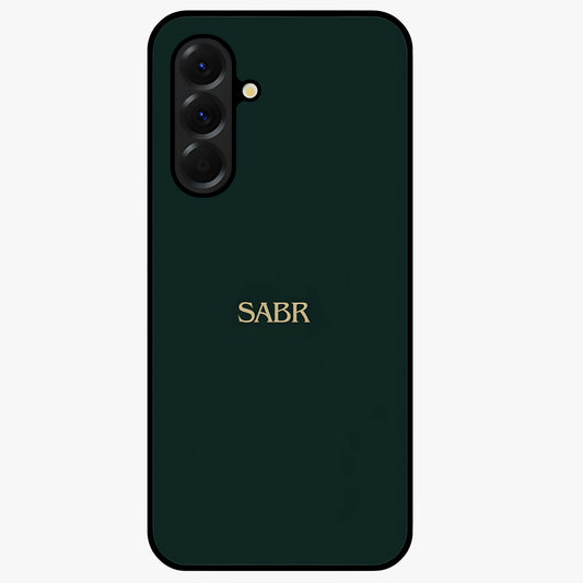 Sabr Minimal Patience Glass Case showing flat back view with minimalist typography artwork and glossy glass finish.