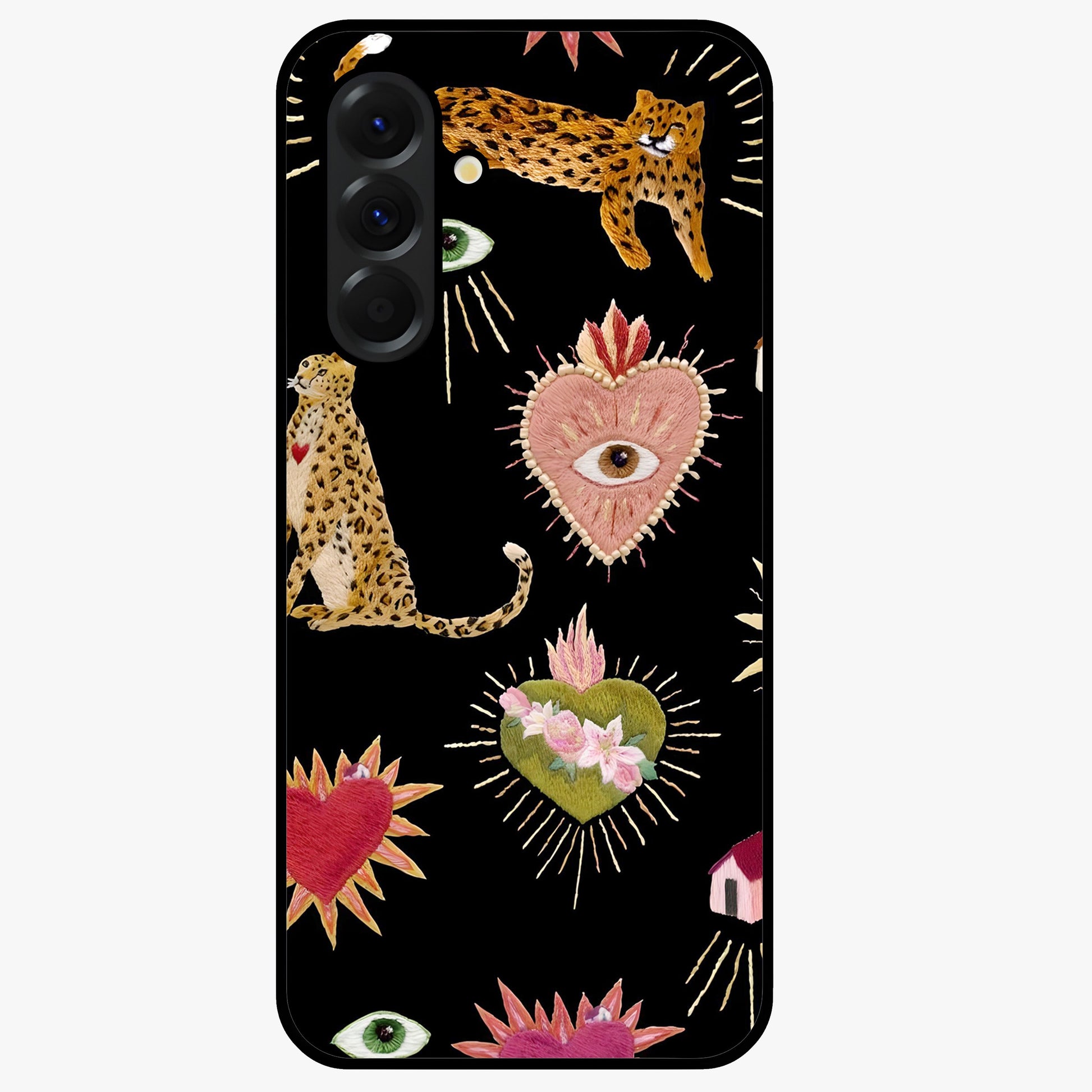 Sacred Jungle Heart Glass Case showing flat back view with jungle inspired heart artwork and glossy glass finish.