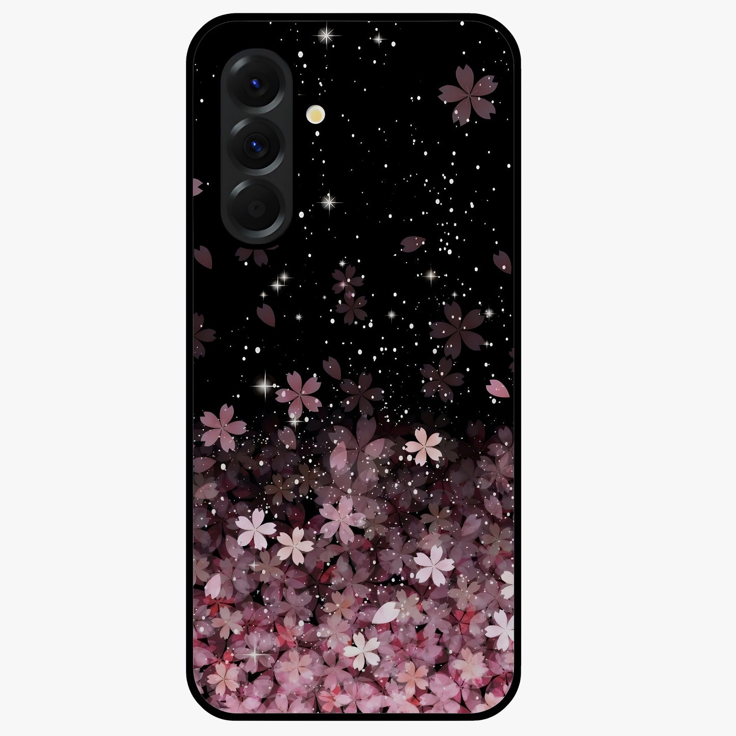 Small Starry Flowers Glass Case showing flat back view with delicate starry floral artwork and glossy glass finish.