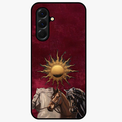 Solar Riders Glass Case showing flat back view with dynamic rider themed artwork and glossy glass finish.