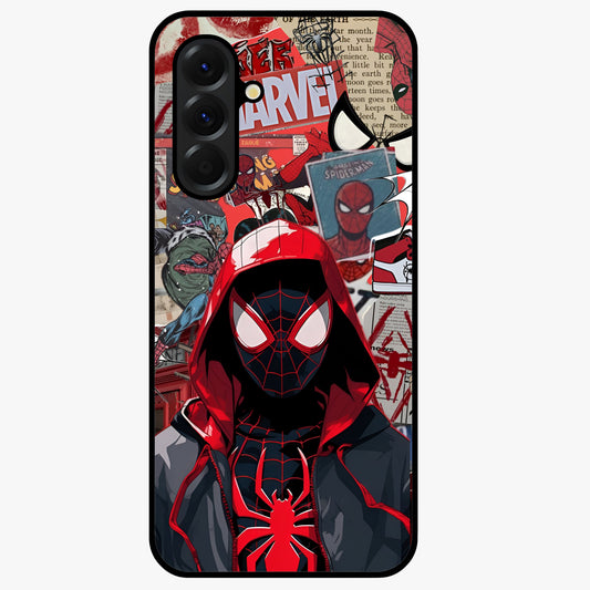 Spider Collage Street Glass Case showing flat back view with vibrant superhero collage artwork and glossy glass finish.