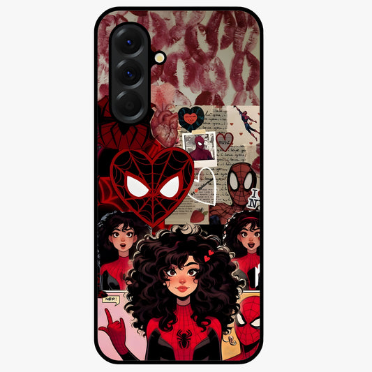 Spider Love Story Glass Case showing flat back view with romantic superhero themed artwork and glossy glass finish.