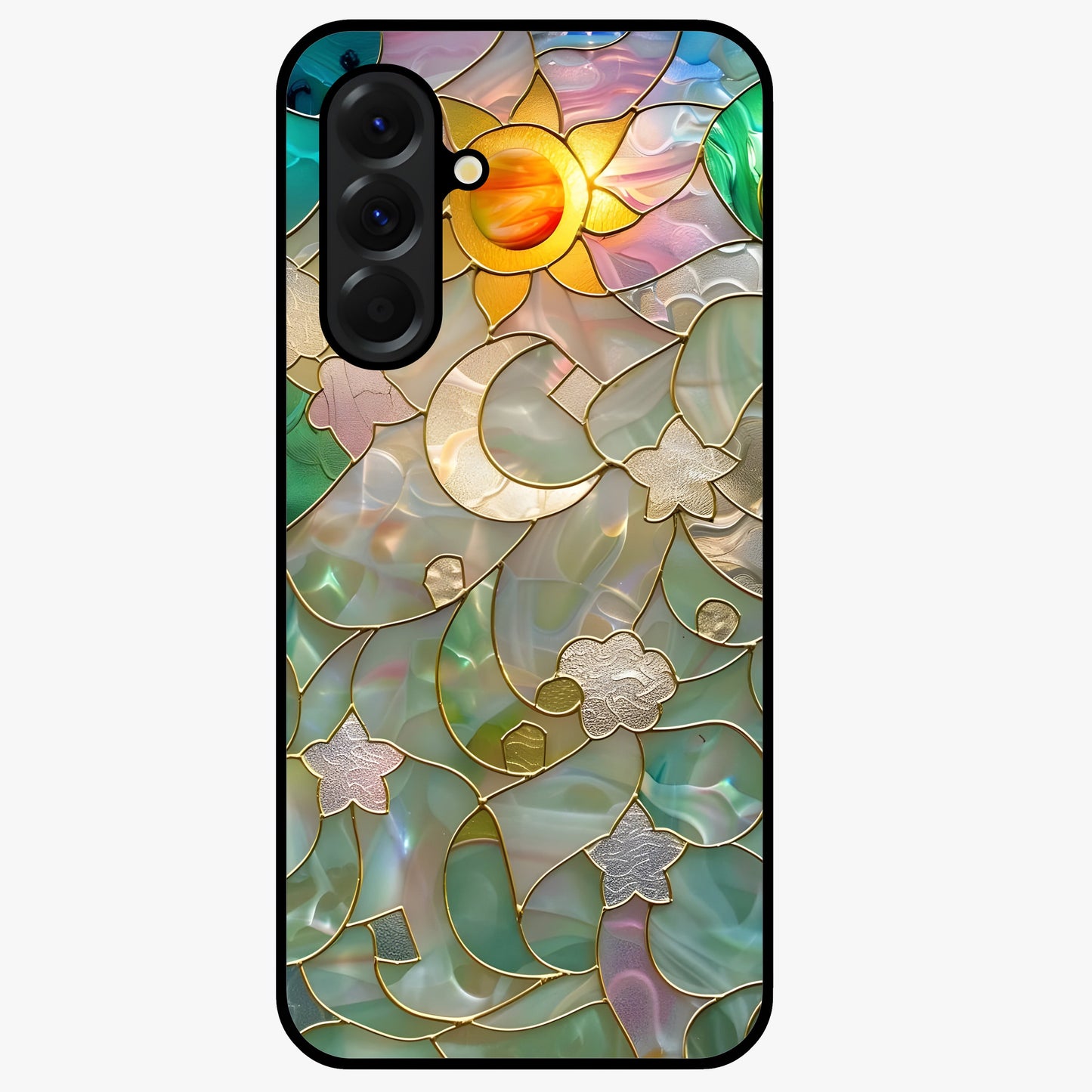 Stained Sunrise Glow Glass Case showing flat back view with glowing sunrise stained pattern artwork and glossy glass finish.