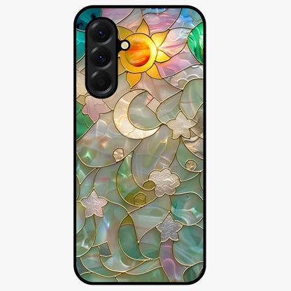 Stained Sunrise Glow Glass Case showing flat back view with glowing sunrise stained pattern artwork and glossy glass finish.