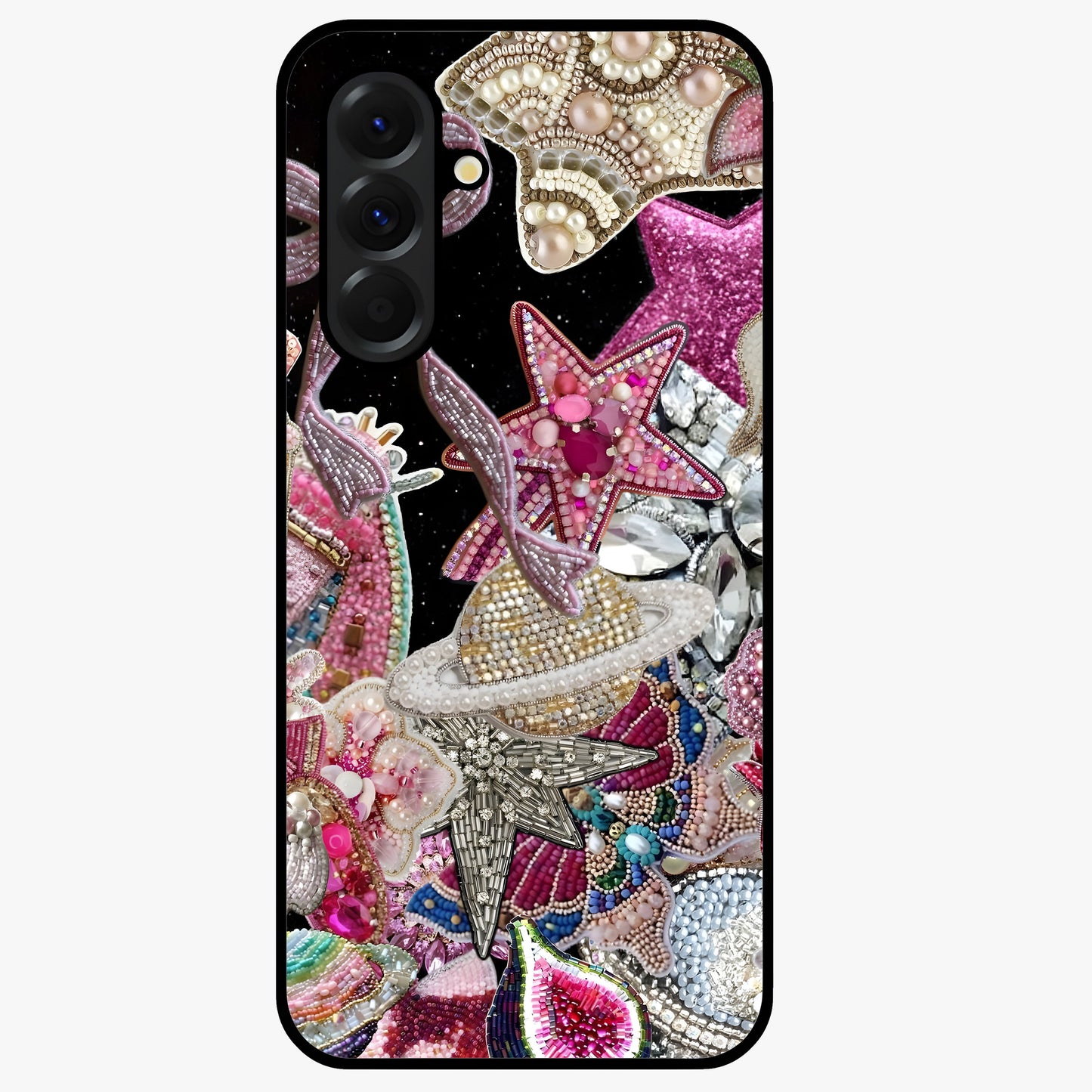 Starlit Jewel Dream Glass Case showing flat back view with sparkling jewel and star themed artwork and glossy glass finish.